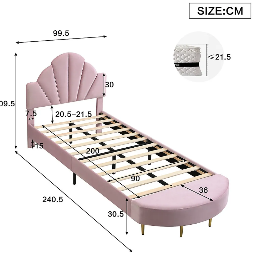 Lit 90x200 cm avec tête de lit en velours rose et banquette assortie, cadre métal robuste et stable>Redom Outlet