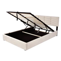 Redom Lit 140x200 cm avec tête de lit réglable et revêtement velours hollandais beige, cadre robuste à lattes bois* Lit Avec Rangement