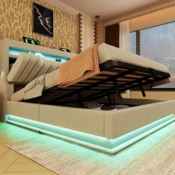 Lit 140x200 cm avec tête de lit LED et ports USB/Type-C, rangement hydraulique, revêtement lin beige>Redom Sale