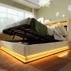 Lit 140x200 cm avec tête de lit LED et ports USB/Type-C, rangement hydraulique, revêtement lin beige>Redom Sale