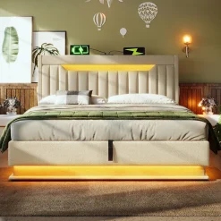Lit 140x200 cm avec tête de lit LED et ports USB/Type-C, rangement hydraulique, revêtement lin beige><noscript><img width=