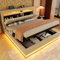 Lit 140x200 cm avec tête de lit LED et ports USB/Type-C, rangement hydraulique, revêtement lin beige><noscript><img width=