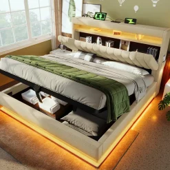 Lit 140x200 cm avec tête de lit LED et ports USB/Type-C, rangement hydraulique, revêtement lin beige><noscript><img width=