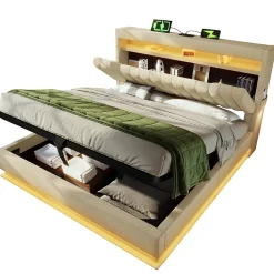 Lit 140x200 cm avec tête de lit LED et ports USB/Type-C, rangement hydraulique, revêtement lin beige><noscript><img width=