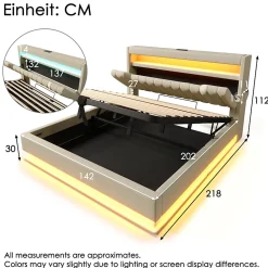 Lit 140x200 cm avec tête de lit LED et ports USB/Type-C, rangement hydraulique, revêtement lin beige><noscript><img width=