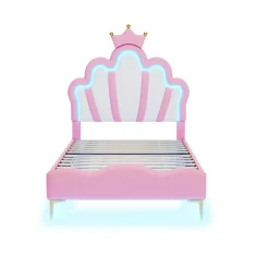 Redom Lit 90x200 cm avec tête de lit en forme de couronne, éclairage LED réglable et revêtement PU rose* Lit Simple