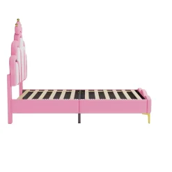 Redom Lit 90x200 cm avec tête de lit en forme de couronne, éclairage LED réglable et revêtement PU rose* Lit Simple