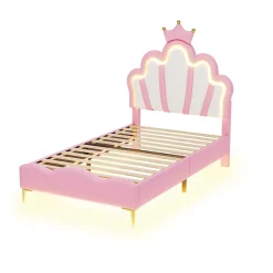 Redom Lit 90x200 cm avec tête de lit en forme de couronne, éclairage LED réglable et revêtement PU rose* Lit Simple