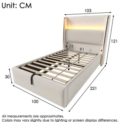 Redom Lit 90x200 cm avec tête de lit haute tapissée lin beige, rangement hydraulique et éclairage LED* Lit Avec Rangement