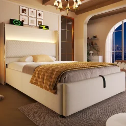 Redom Lit 90x200 cm avec tête de lit haute tapissée lin beige, rangement hydraulique et éclairage LED* Lit Avec Rangement