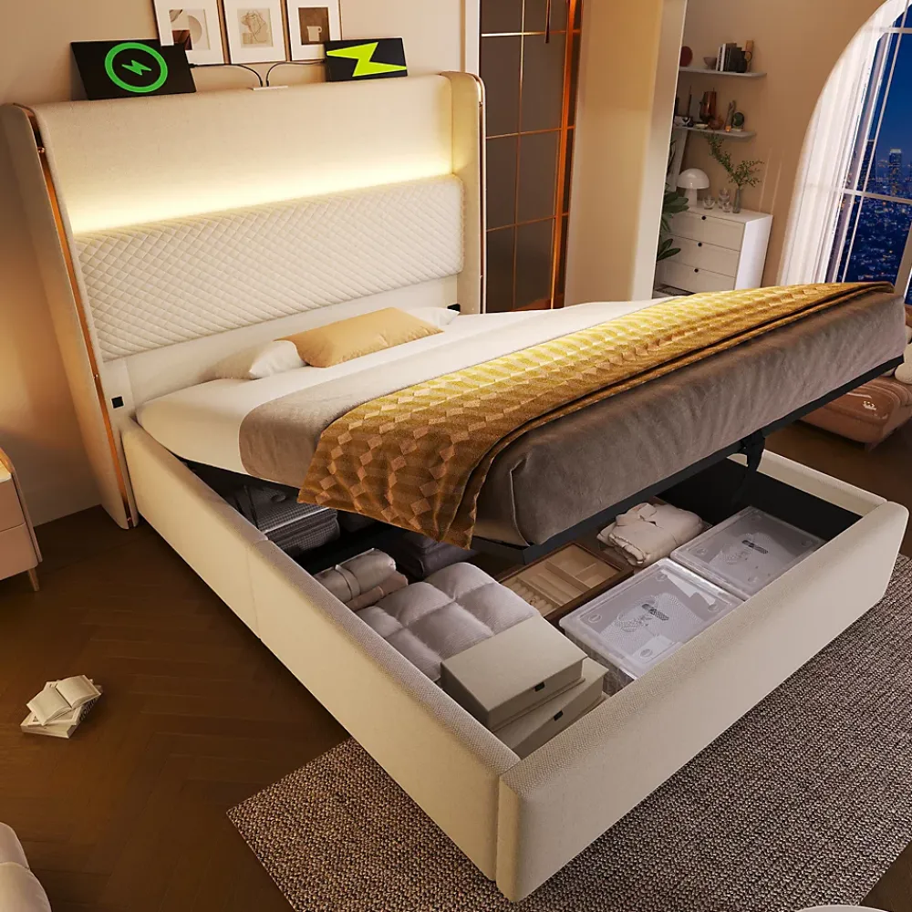 Redom Lit 90x200 cm avec tête de lit haute tapissée lin beige, rangement hydraulique et éclairage LED* Lit Avec Rangement
