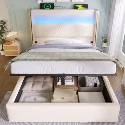 Redom Lit 90x200 cm avec tête de lit haute tapissée lin beige, rangement hydraulique et éclairage LED* Lit Avec Rangement