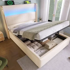 Redom Lit 90x200 cm avec tête de lit haute tapissée lin beige, rangement hydraulique et éclairage LED* Lit Avec Rangement