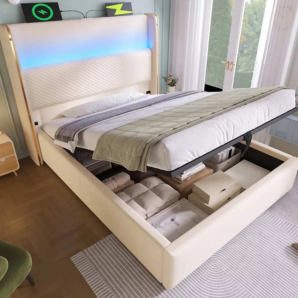 Redom Lit 90x200 cm avec tête de lit haute tapissée lin beige, rangement hydraulique et éclairage LED* Lit Avec Rangement