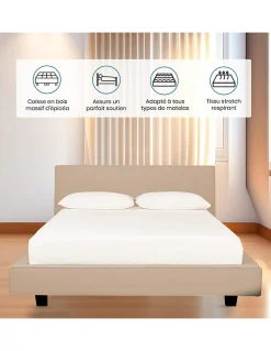 LIT 140x190 cm avec TÊTE de LIT TAPISSÉE en TISSU et SOMMIER en KIT><noscript><img width=