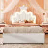 Lit 90x200 cm avec tête de lit réglable et rangement hydraulique, revêtement PU blanc, design couronne>Redom Sale