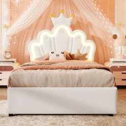 Lit 90x200 cm avec tête de lit réglable et rangement hydraulique, revêtement PU blanc, design couronne>Redom Sale