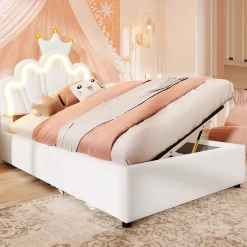 Lit 90x200 cm avec tête de lit réglable et rangement hydraulique, revêtement PU blanc, design couronne>Redom Sale