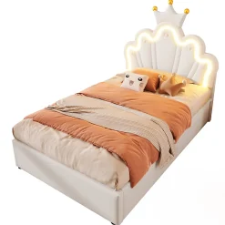 Lit 90x200 cm avec tête de lit réglable et rangement hydraulique, revêtement PU blanc, design couronne><noscript><img width=
