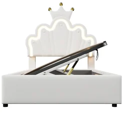 Lit 90x200 cm avec tête de lit réglable et rangement hydraulique, revêtement PU blanc, design couronne><noscript><img width=