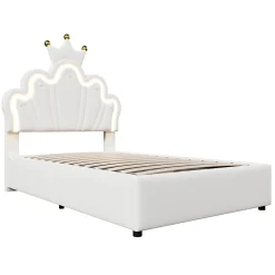 Lit 90x200 cm avec tête de lit réglable et rangement hydraulique, revêtement PU blanc, design couronne><noscript><img width=