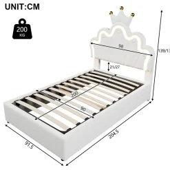Lit 90x200 cm avec tête de lit réglable et rangement hydraulique, revêtement PU blanc, design couronne><noscript><img width=