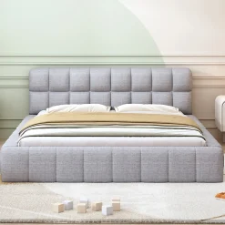 Lit 140x200 cm avec tête de lit rembourrée et revêtement lin gris, cadre solide en panneaux MDF>Redom New
