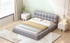 Lit 140x200 cm avec tête de lit rembourrée et revêtement lin gris, cadre solide en panneaux MDF><noscript><img width=
