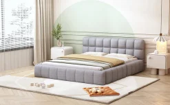Lit 140x200 cm avec tête de lit rembourrée et revêtement lin gris, cadre solide en panneaux MDF><noscript><img width=
