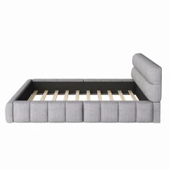 Lit 140x200 cm avec tête de lit rembourrée et revêtement lin gris, cadre solide en panneaux MDF><noscript><img width=