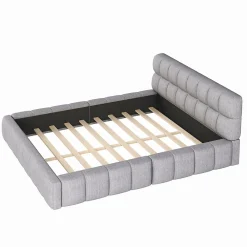 Lit 140x200 cm avec tête de lit rembourrée et revêtement lin gris, cadre solide en panneaux MDF><noscript><img width=
