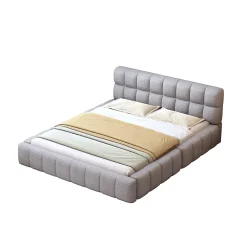 Lit 140x200 cm avec tête de lit rembourrée et revêtement lin gris, cadre solide en panneaux MDF><noscript><img width=