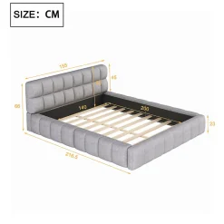 Lit 140x200 cm avec tête de lit rembourrée et revêtement lin gris, cadre solide en panneaux MDF><noscript><img width=