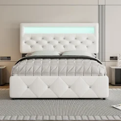Lit 140x200 cm avec tête de lit rembourrée, 2 tiroirs et lit gigogne, structure MDF, cadre métal, tissu blanc>Redom Best