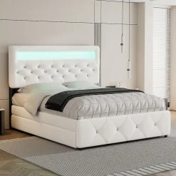 Lit 140x200 cm avec tête de lit rembourrée, 2 tiroirs et lit gigogne, structure MDF, cadre métal, tissu blanc>Redom Best