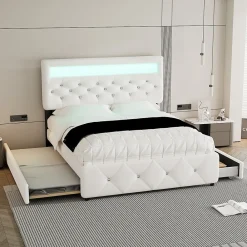 Lit 140x200 cm avec tête de lit rembourrée, 2 tiroirs et lit gigogne, structure MDF, cadre métal, tissu blanc><noscript><img width=