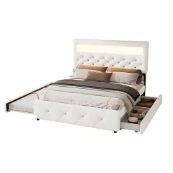 Lit 140x200 cm avec tête de lit rembourrée, 2 tiroirs et lit gigogne, structure MDF, cadre métal, tissu blanc><noscript><img width=