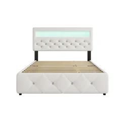 Lit 140x200 cm avec tête de lit rembourrée, 2 tiroirs et lit gigogne, structure MDF, cadre métal, tissu blanc><noscript><img width=