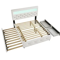 Lit 140x200 cm avec tête de lit rembourrée, 2 tiroirs et lit gigogne, structure MDF, cadre métal, tissu blanc><noscript><img width=