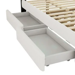 Lit 140x200 cm avec tête de lit rembourrée, 2 tiroirs et lit gigogne, structure MDF, cadre métal, tissu blanc><noscript><img width=