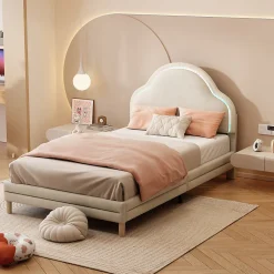 Lit 90x200 cm avec tête de lit en forme de nuage, led multicolores intégrées et revêtement en velours beige><noscript><img width=