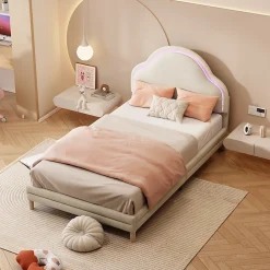 Lit 90x200 cm avec tête de lit en forme de nuage, led multicolores intégrées et revêtement en velours beige><noscript><img width=