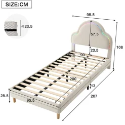 Lit 90x200 cm avec tête de lit en forme de nuage, led multicolores intégrées et revêtement en velours beige><noscript><img width=