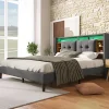 Redom Lit 160x200 cm avec tête de lit espace de rangement, LED et station de charge, cadre bois massif gris* Ensemble Sommier Et Matelas