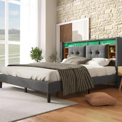 Redom Lit 160x200 cm avec tête de lit espace de rangement, LED et station de charge, cadre bois massif gris* Ensemble Sommier Et Matelas