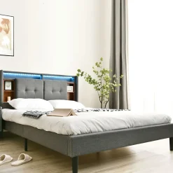 Redom Lit 160x200 cm avec tête de lit espace de rangement, LED et station de charge, cadre bois massif gris* Ensemble Sommier Et Matelas