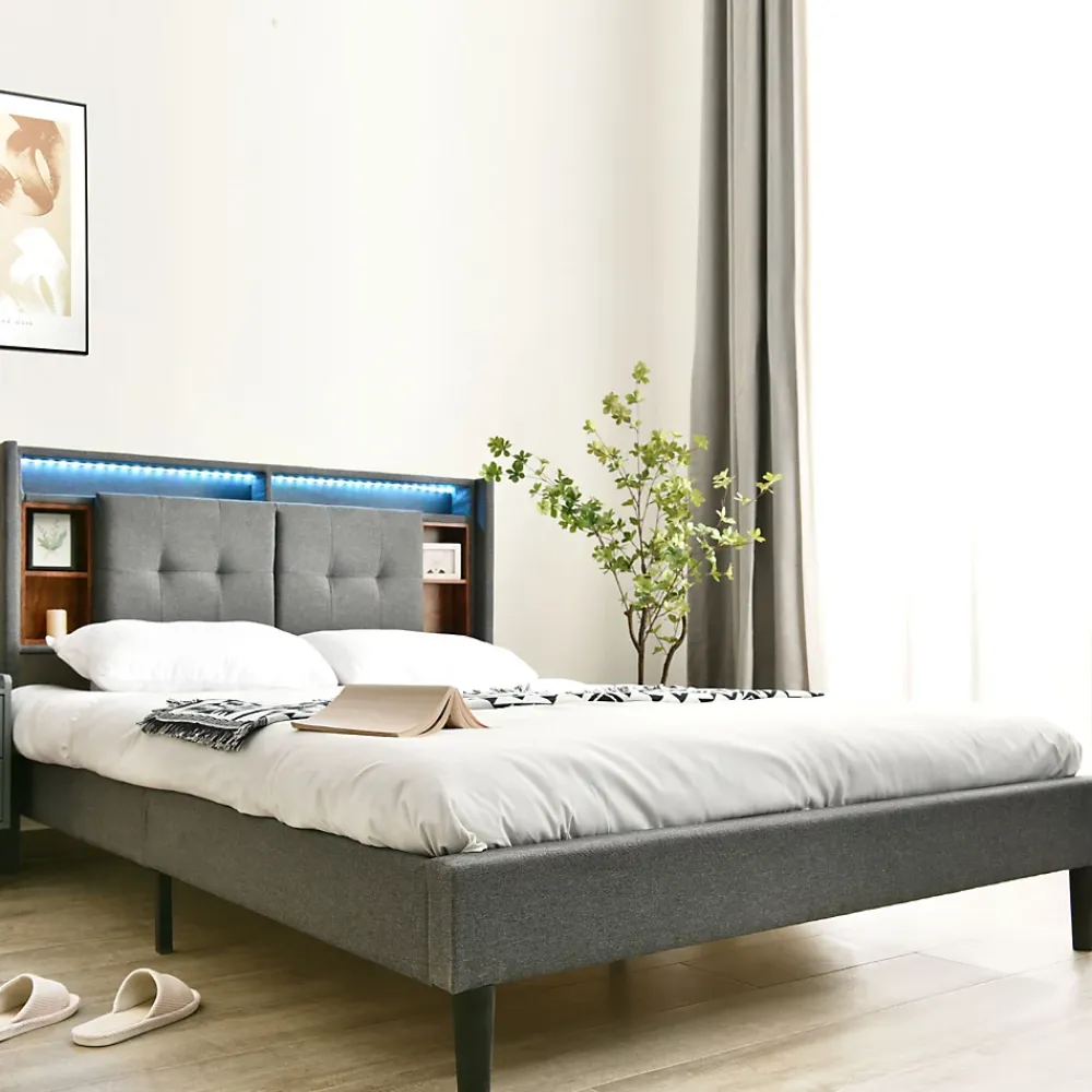 Redom Lit 160x200 cm avec tête de lit espace de rangement, LED et station de charge, cadre bois massif gris* Ensemble Sommier Et Matelas