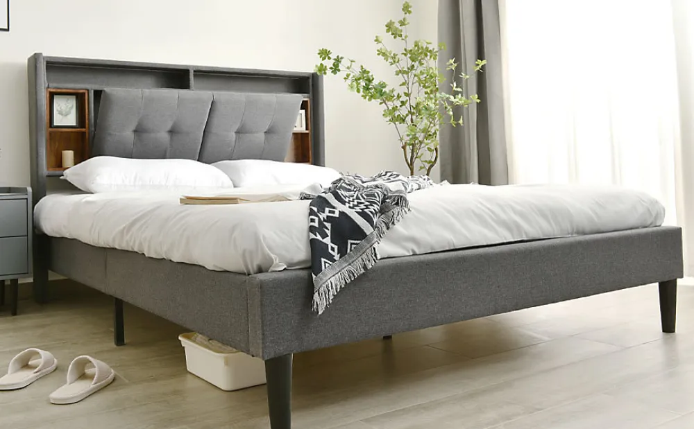 Redom Lit 160x200 cm avec tête de lit espace de rangement, LED et station de charge, cadre bois massif gris* Ensemble Sommier Et Matelas