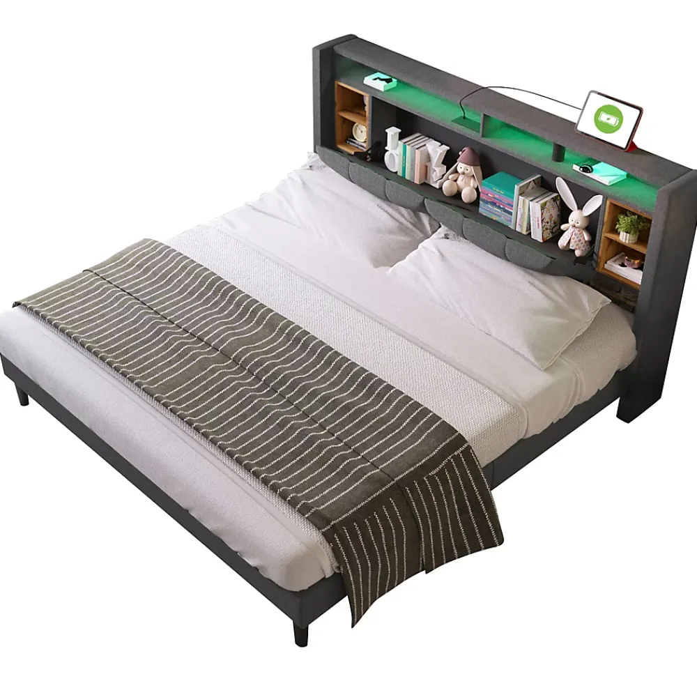 Redom Lit 160x200 cm avec tête de lit espace de rangement, LED et station de charge, cadre bois massif gris* Ensemble Sommier Et Matelas