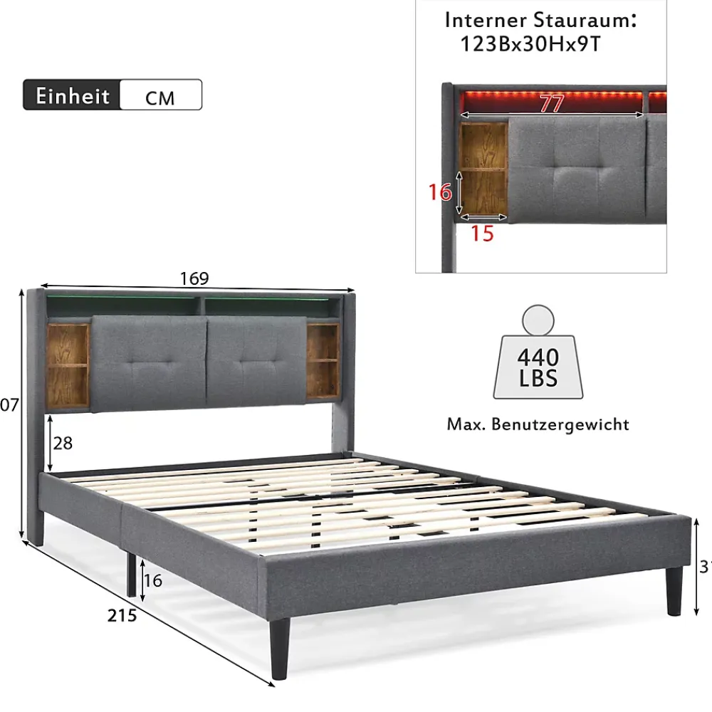 Redom Lit 160x200 cm avec tête de lit espace de rangement, LED et station de charge, cadre bois massif gris* Ensemble Sommier Et Matelas